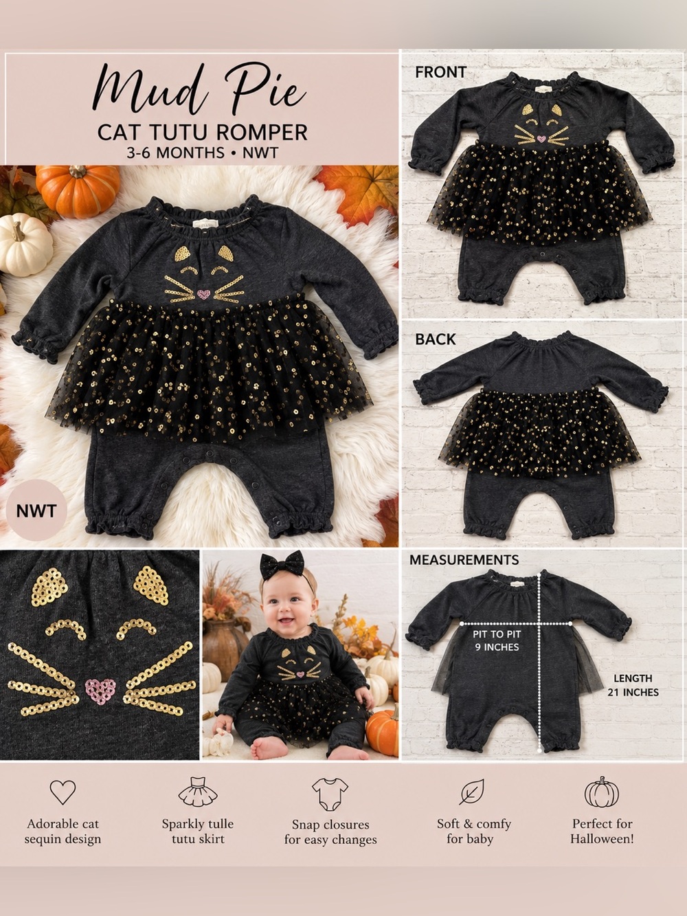 Mud Pie Baby Girl Cat Tutu Romper Halloween Outfit 3-6M NWT